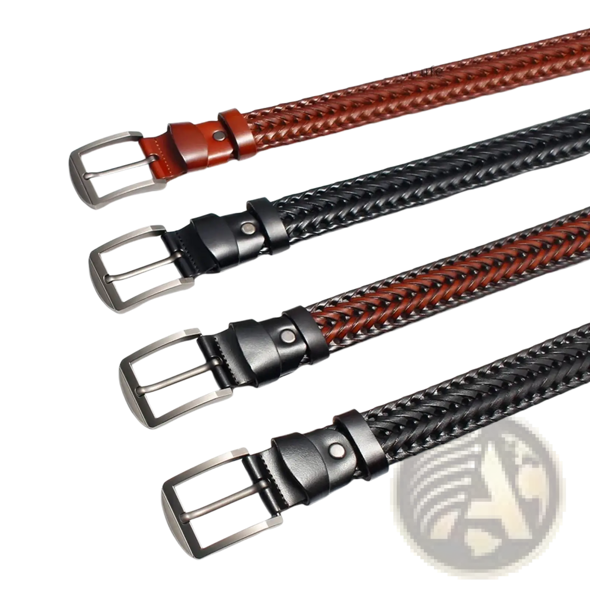 Men genuine leather braided belt set featuring brown black and two tone leather with silver toned buckles