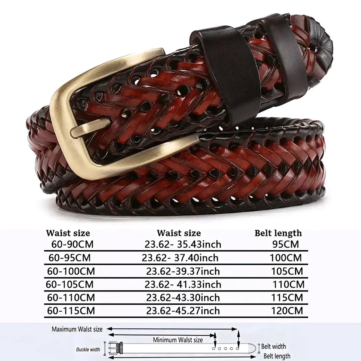 Men genuine leather braided belt with rich burgundy and black woven pattern and sturdy gold brass buckle