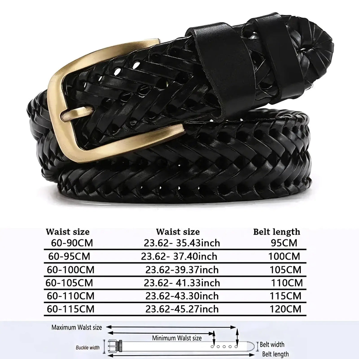 Men genuine leather braided belt in black with a gold tone buckle suitable for formal and casual wear