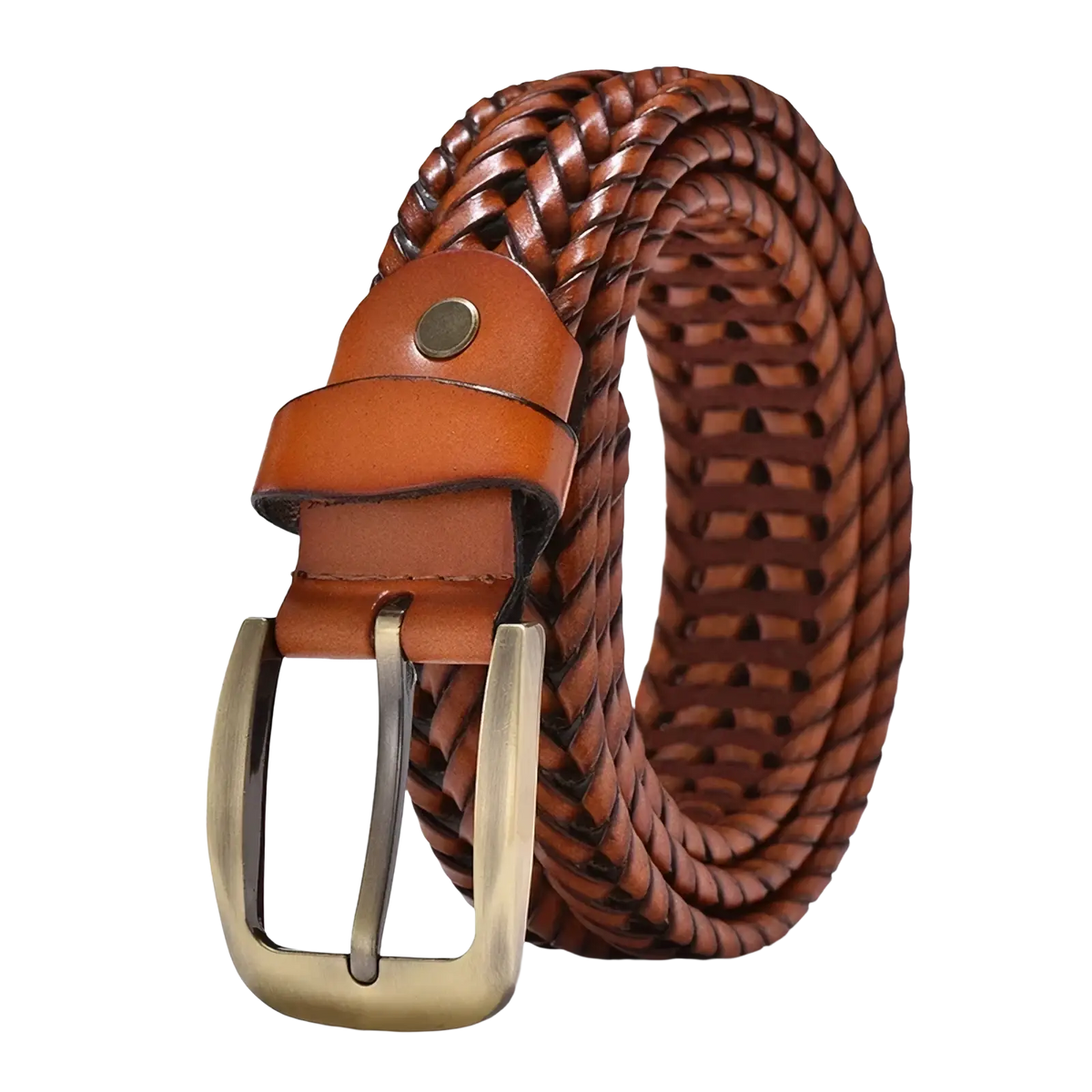 Men genuine leather braided belt in brown with a gold brass buckle and tan leather tab for formal wear