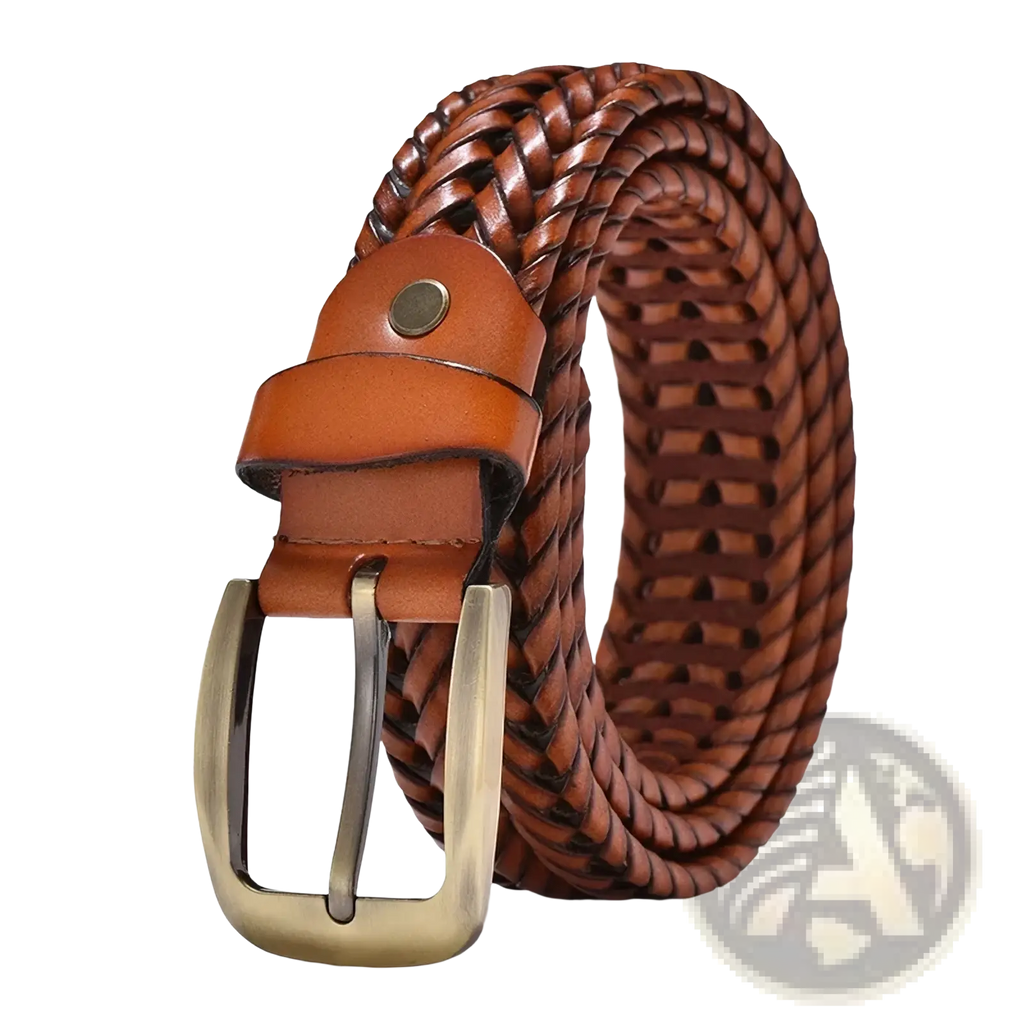 Men genuine leather braided belt in brown with a gold brass buckle and tan leather tab for formal wear