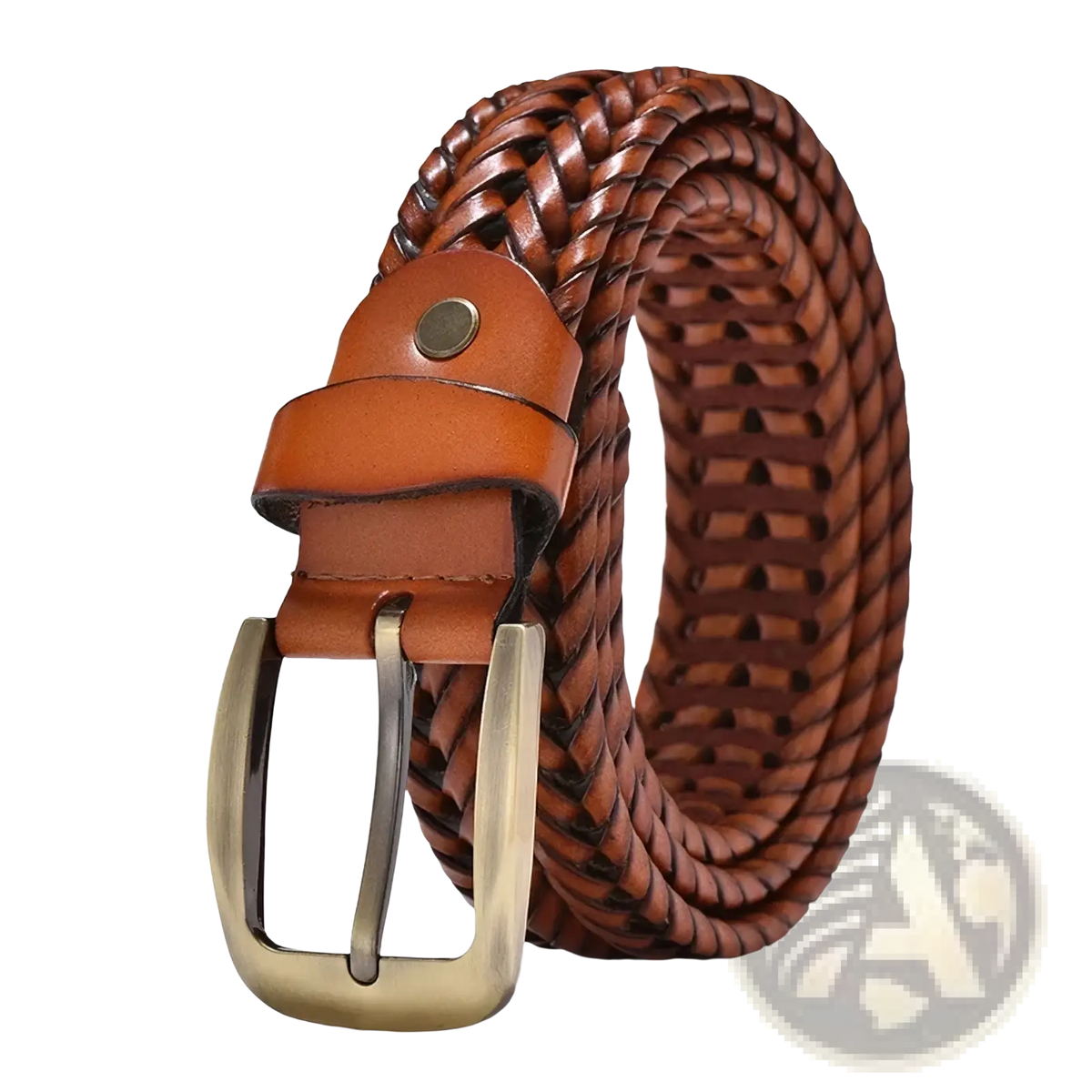 Men genuine leather braided belt in brown with a gold brass buckle and tan leather tab for formal wear