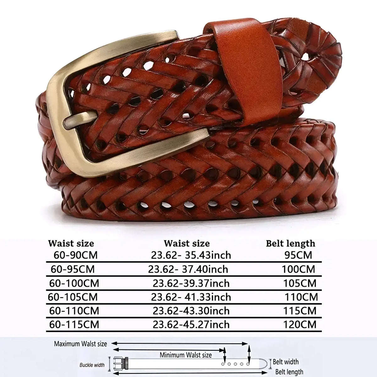 Brown woven genuine leather men braided belt with gold brass buckle suitable for formal and casual wear