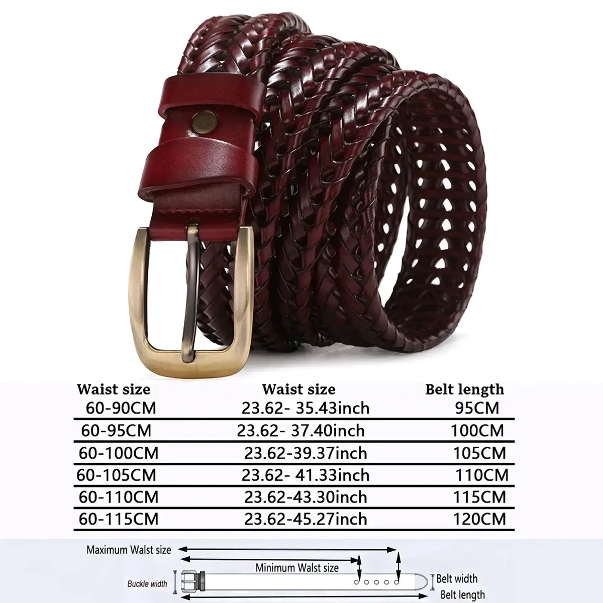Men genuine leather braided belt in burgundy with a gold-toned buckle for a stylish and durable accessory