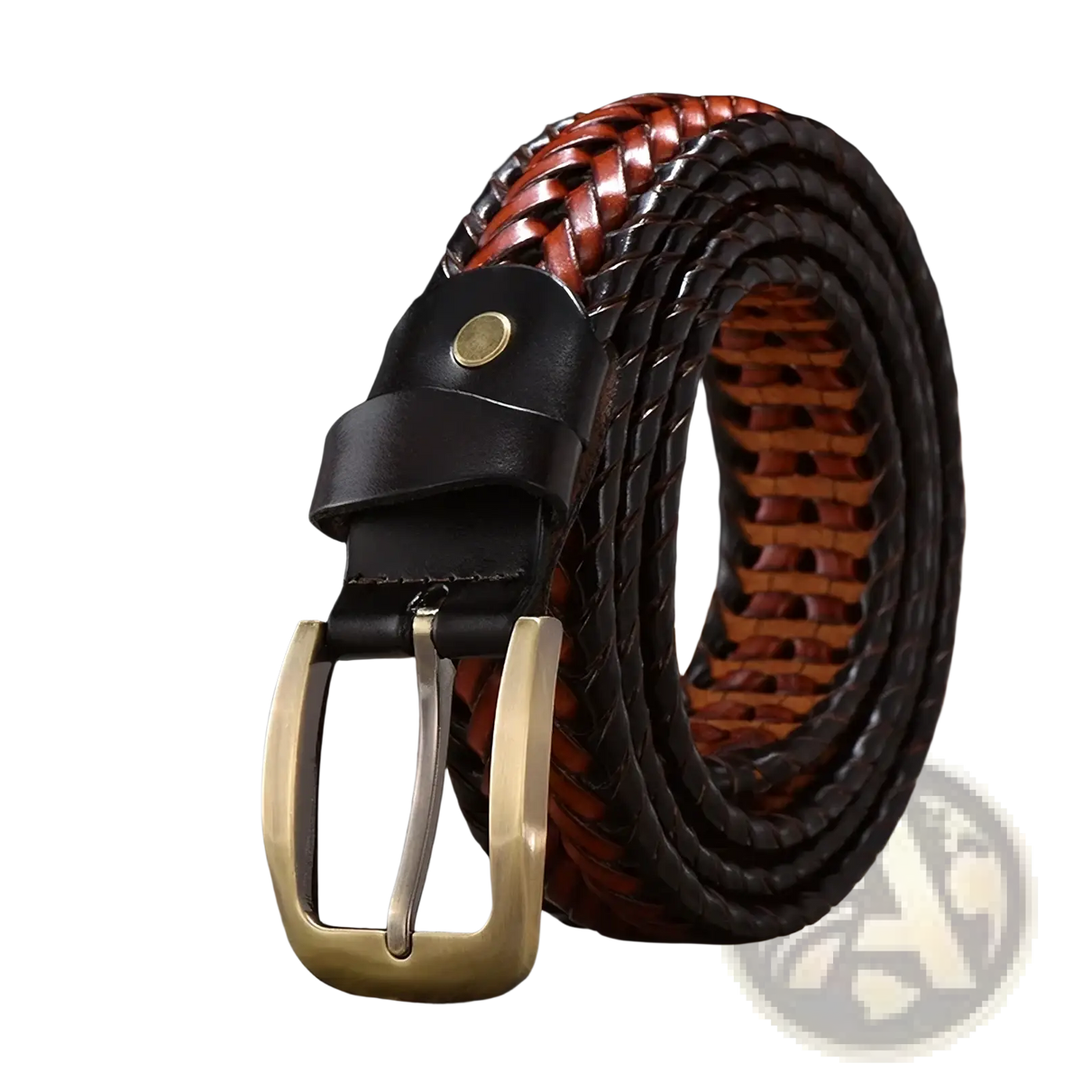 Men genuine leather braided belt by Coolerfire with two-tone brown and black design and brass-finished buckle