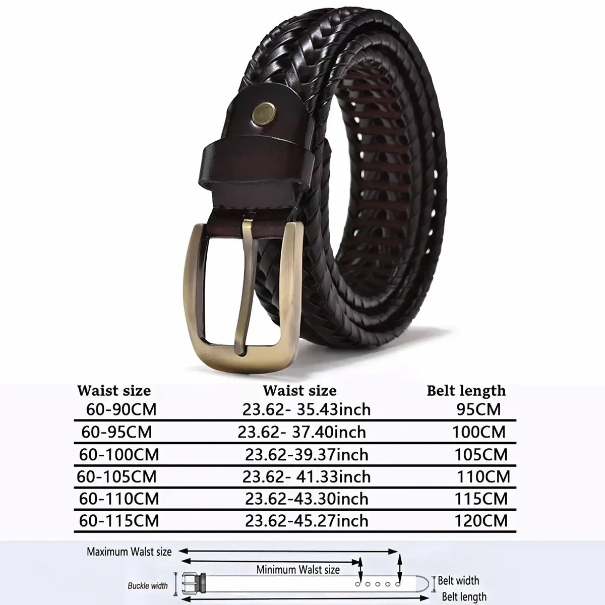 Men genuine leather braided belt in dark brown with a brass-toned gold buckle for formal and casual wear