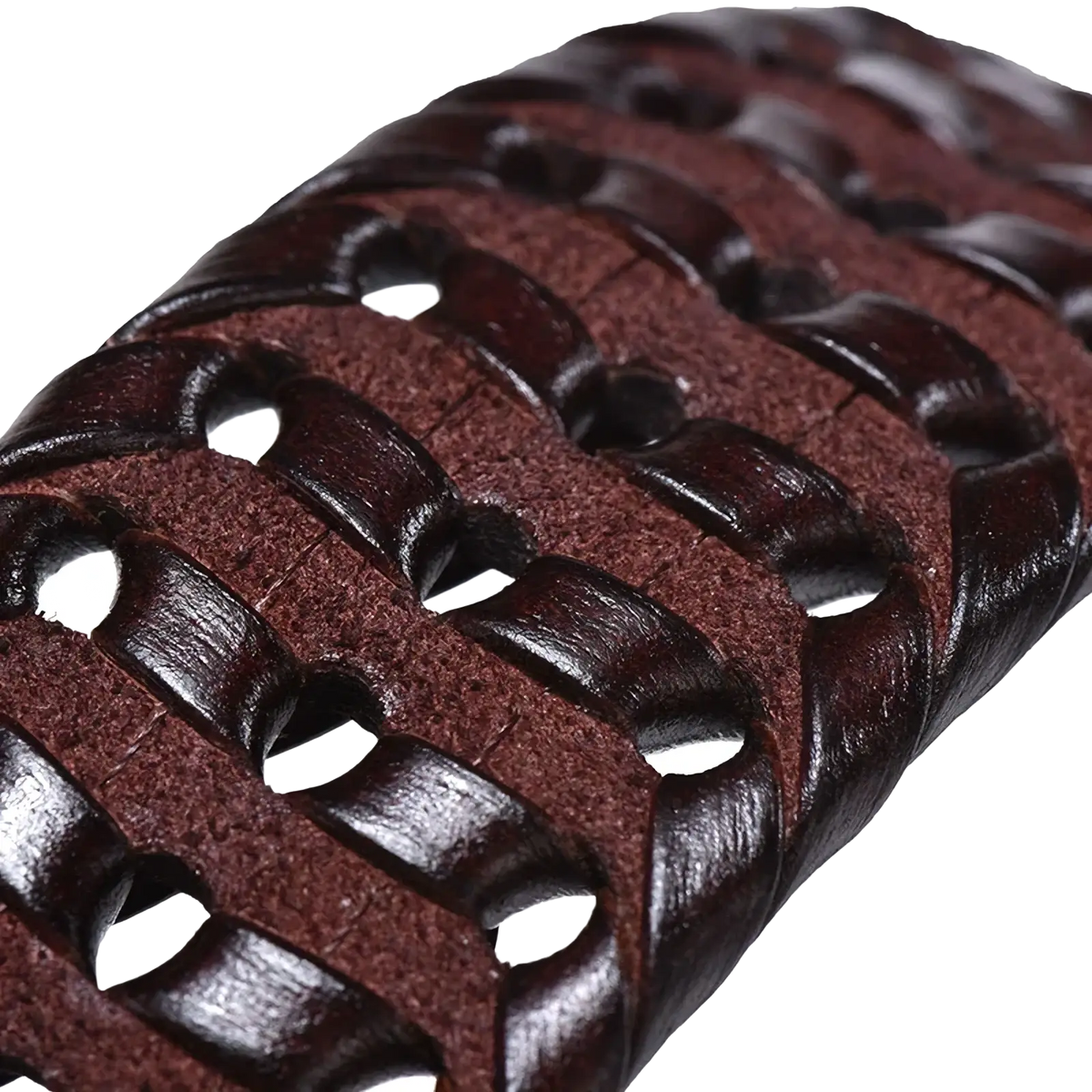 Men genuine leather braided belt featuring a dark brown woven strap with an interlocking pattern and gold buckle