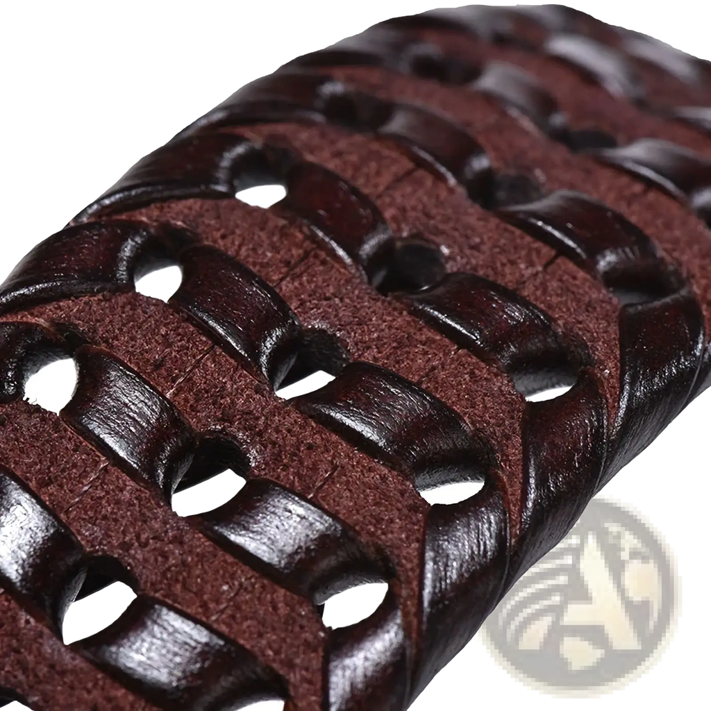 Men genuine leather braided belt featuring a dark brown woven strap with an interlocking pattern and gold buckle