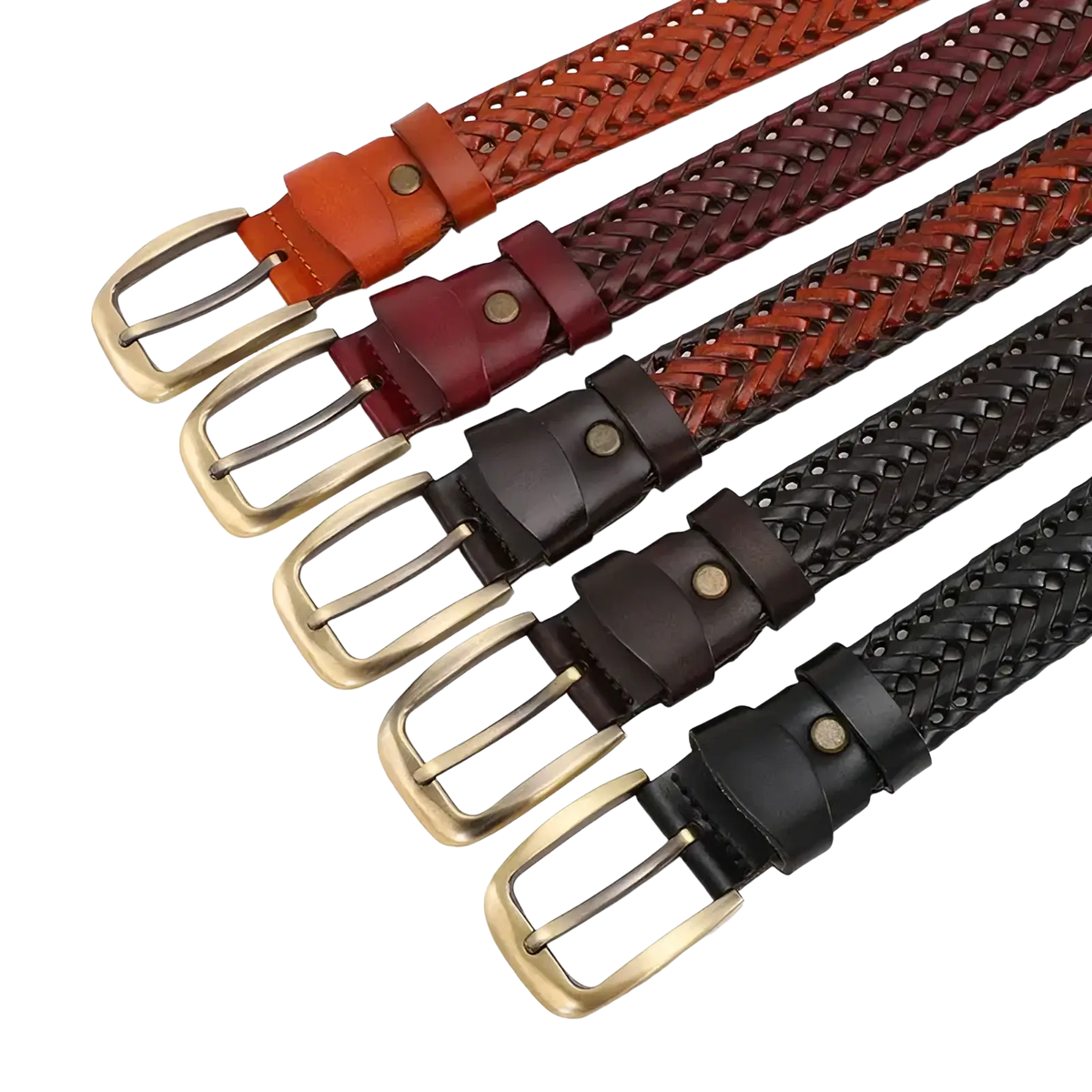 Men genuine leather braided belt with gold buckle in orange burgundy brown dark brown and black colors
