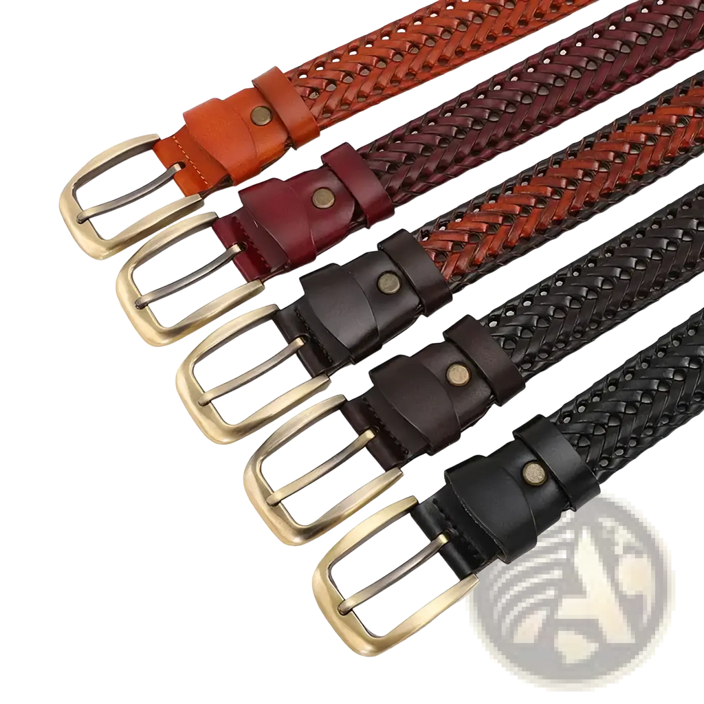 Men genuine leather braided belts in varying shades of brown with gold brass buckles and matching leather keepers