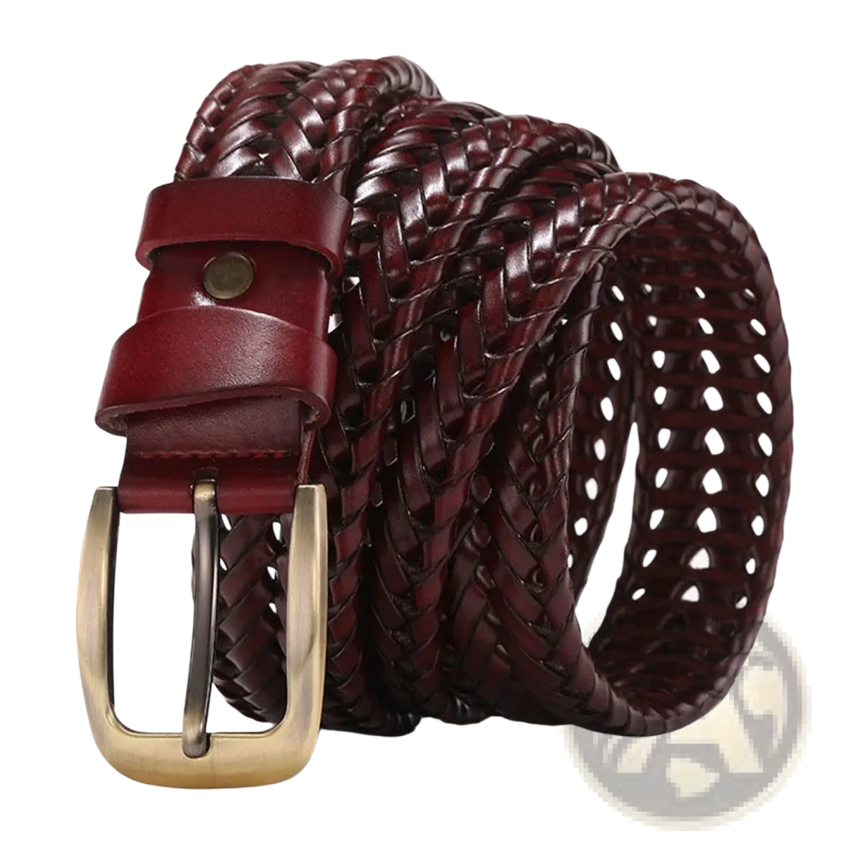 Men genuine leather braided belt in rich burgundy with a gold-toned buckle and matching keeper