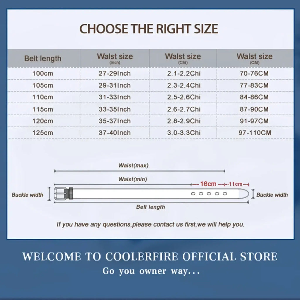Size chart for men genuine leather braided belt with gold buckle from coolerfire showing belt and waist measurements