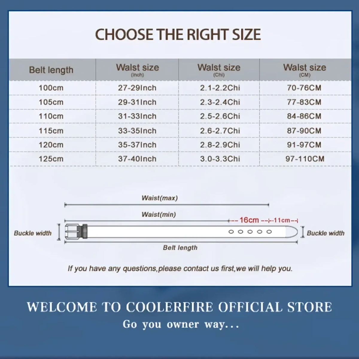 Size chart for men genuine leather braided belt with gold buckle from coolerfire showing belt and waist measurements