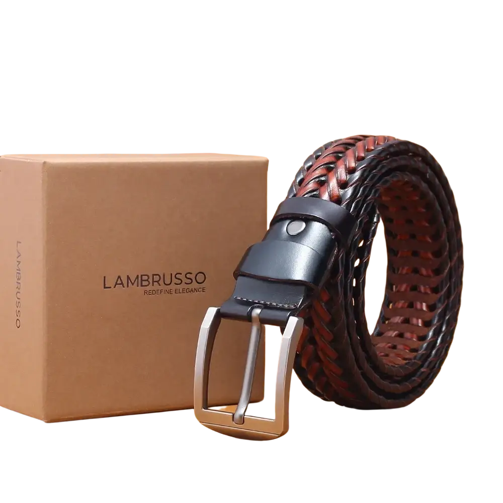 Men genuine leather braided belt by Lambretto with black and reddish brown woven pattern and silver toned buckle