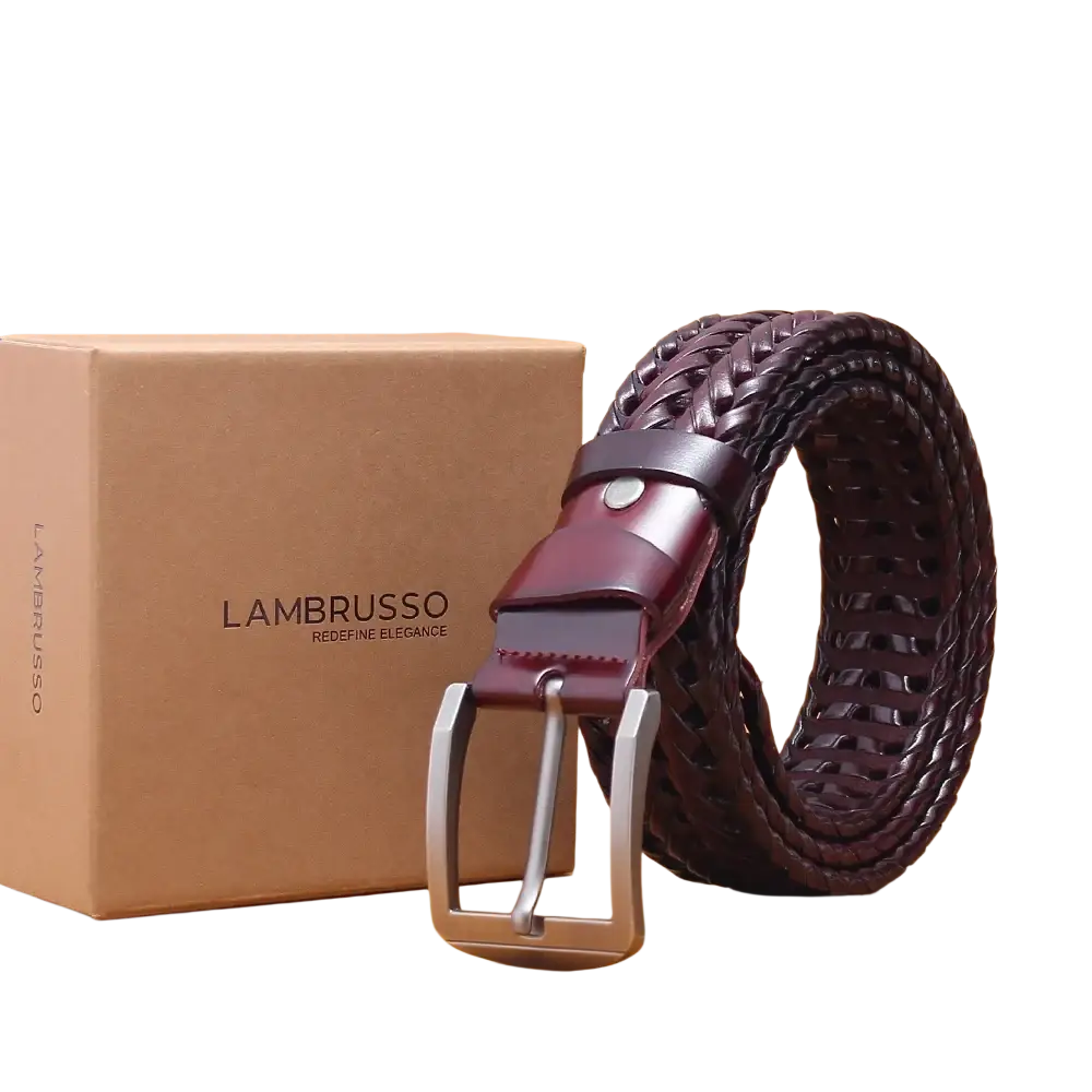 Men genuine leather braided belt by Lambretto in dark brown with polished silver buckle and burgundy leather keeper