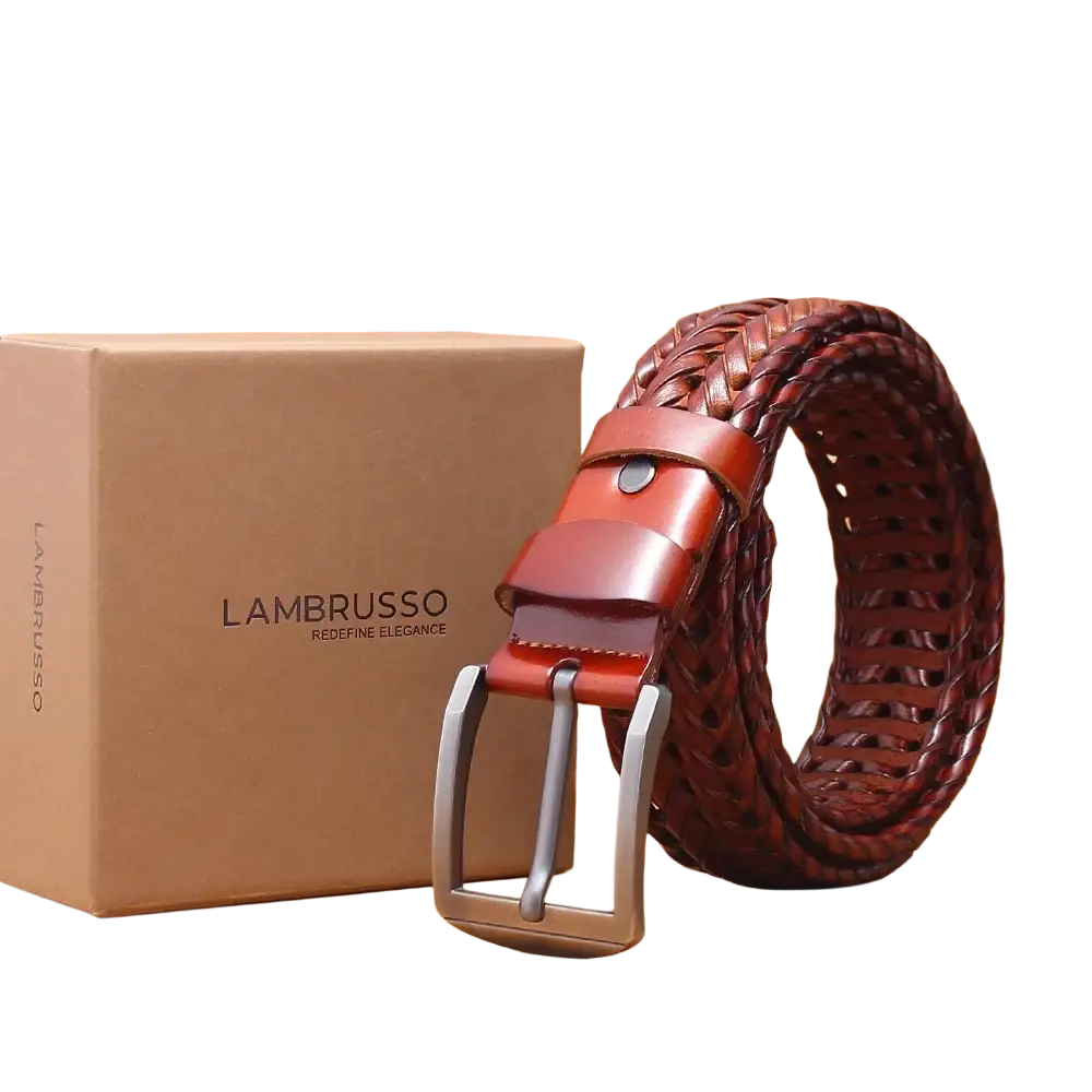 Men genuine leather braided belt in Lambretto brown with a silver-toned buckle for formal and casual wear