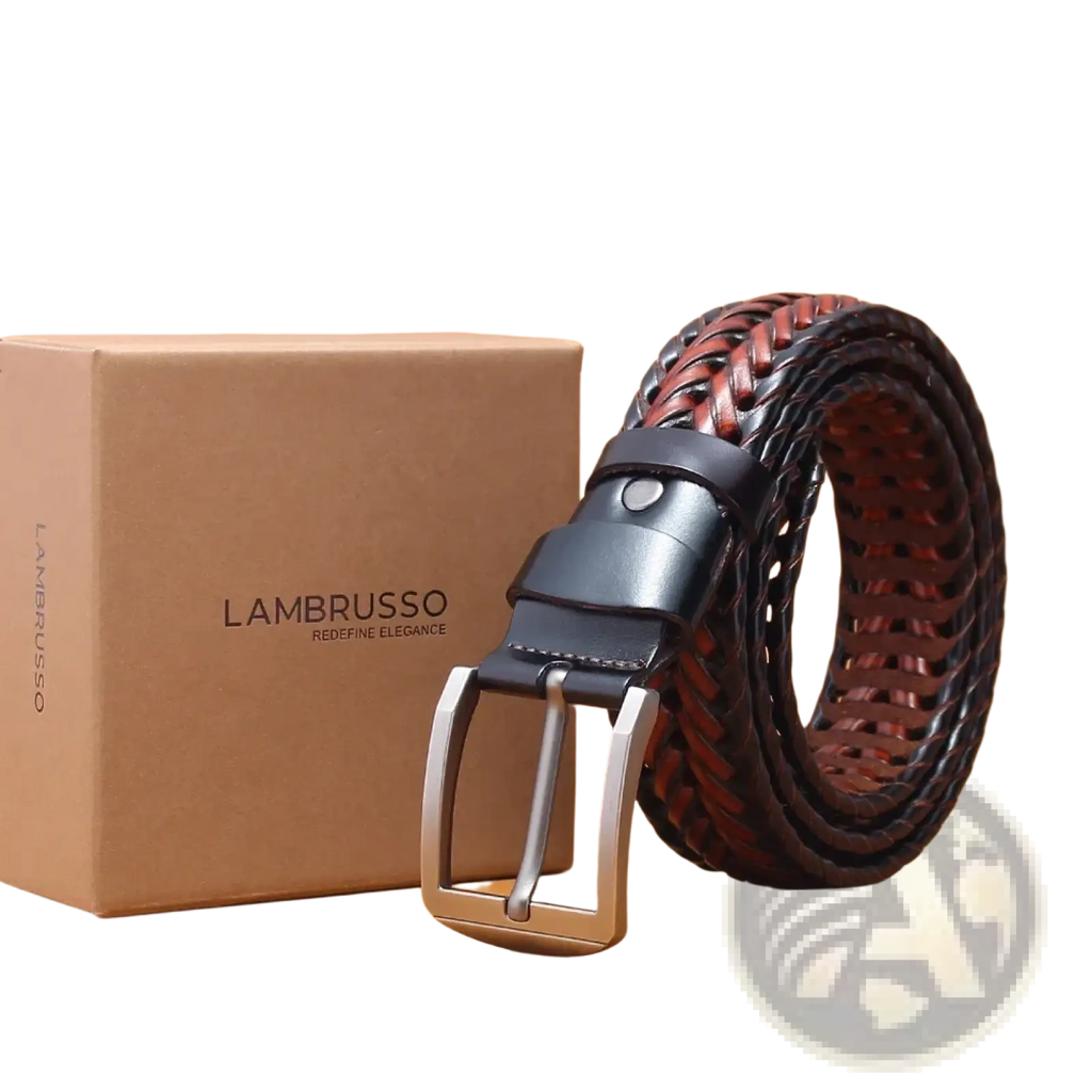 Men genuine leather braided belt by Lambretto with black and reddish brown woven pattern and silver toned buckle