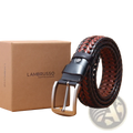 Men genuine leather braided belt by Lambretto with black and reddish brown woven pattern and silver toned buckle