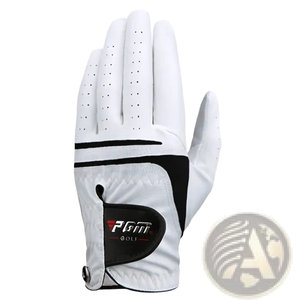 Men genuine leather golf glove in white and black with perforated fingers for breathability shown from the back side