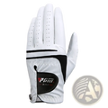 Men genuine leather golf glove in white and black with perforated fingers for breathability shown from the back side