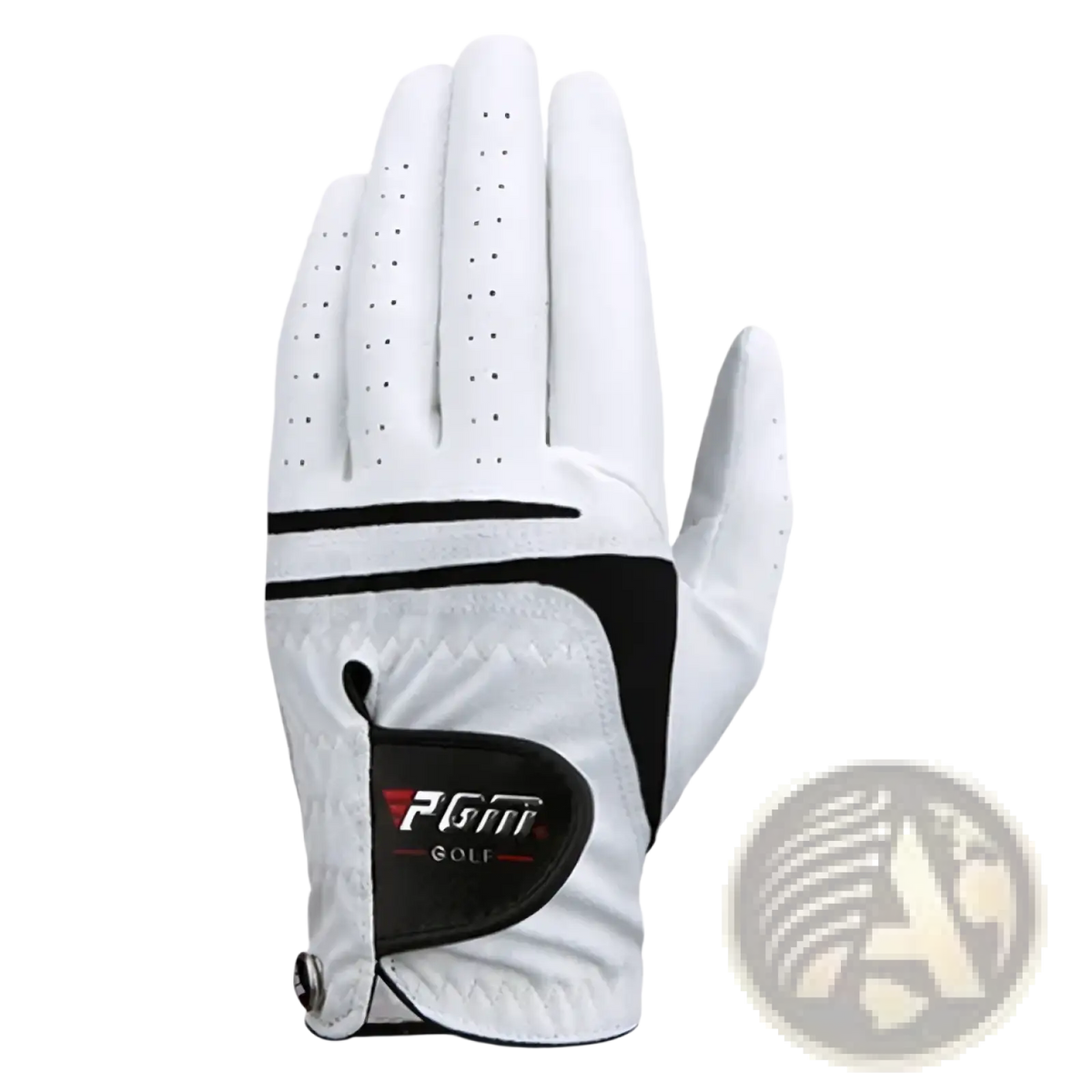 Men genuine leather golf glove in white and black with perforated fingers for breathability shown from the back side