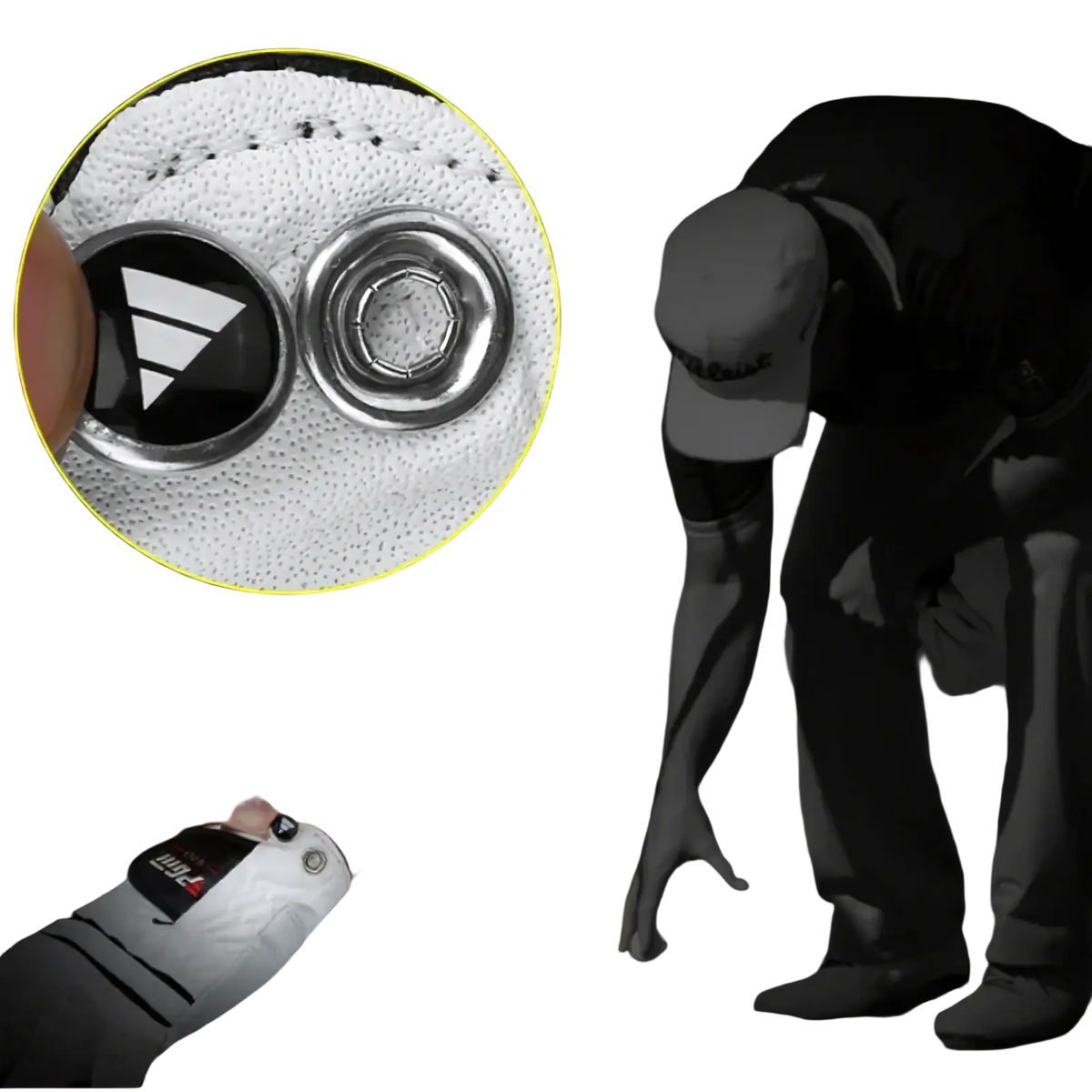 Men genuine leather breathable white golf glove with black logo and silver metallic button fastener on the back side