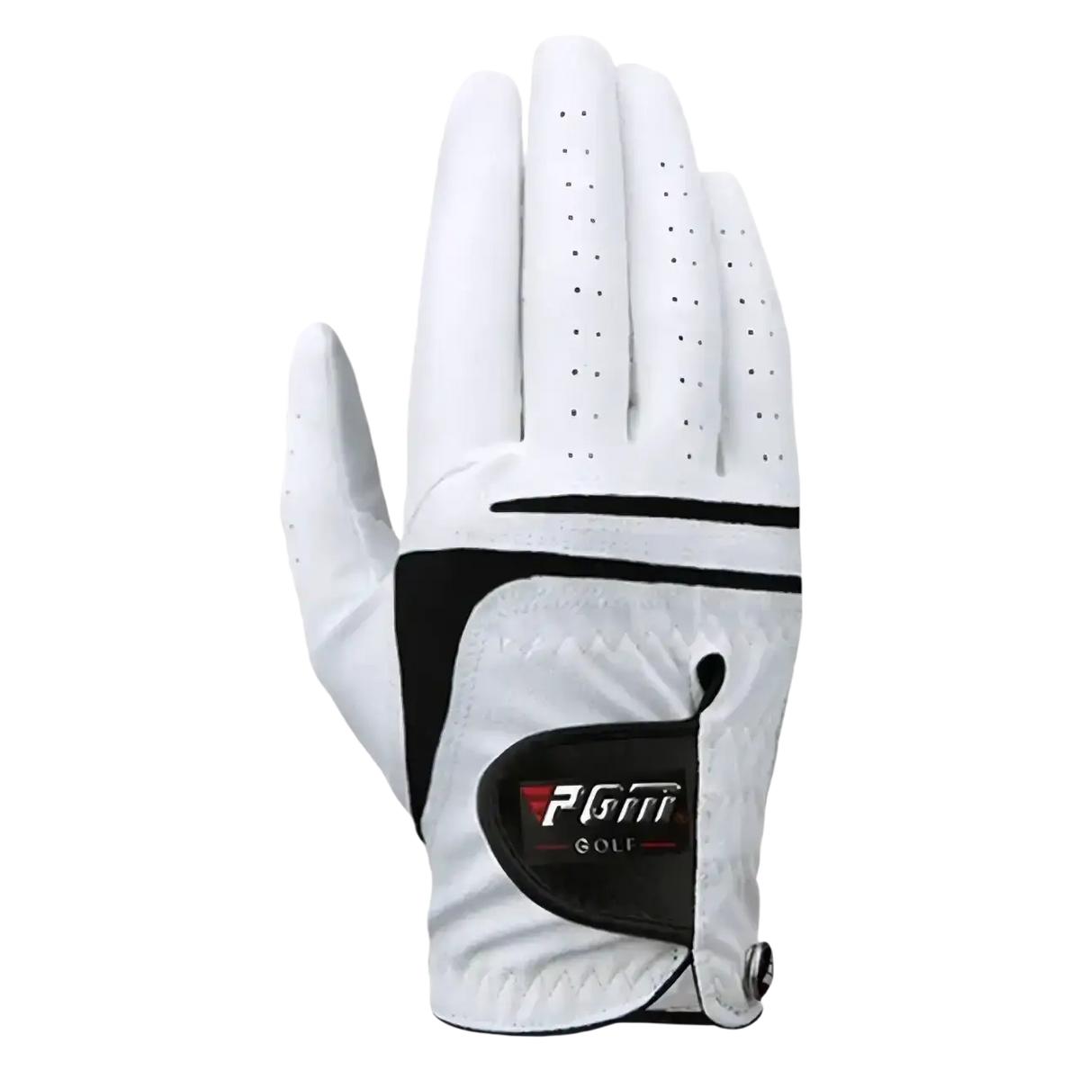 Men genuine leather breathable golf glove in white with black accents and perforated fingers showing the back side