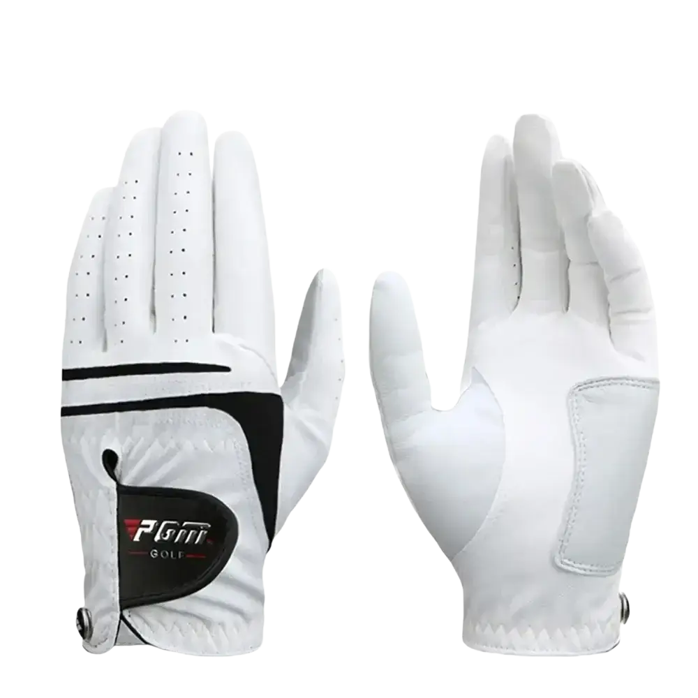Men genuine leather breathable golf glove in white with black accents and perforated fingers showing the back side