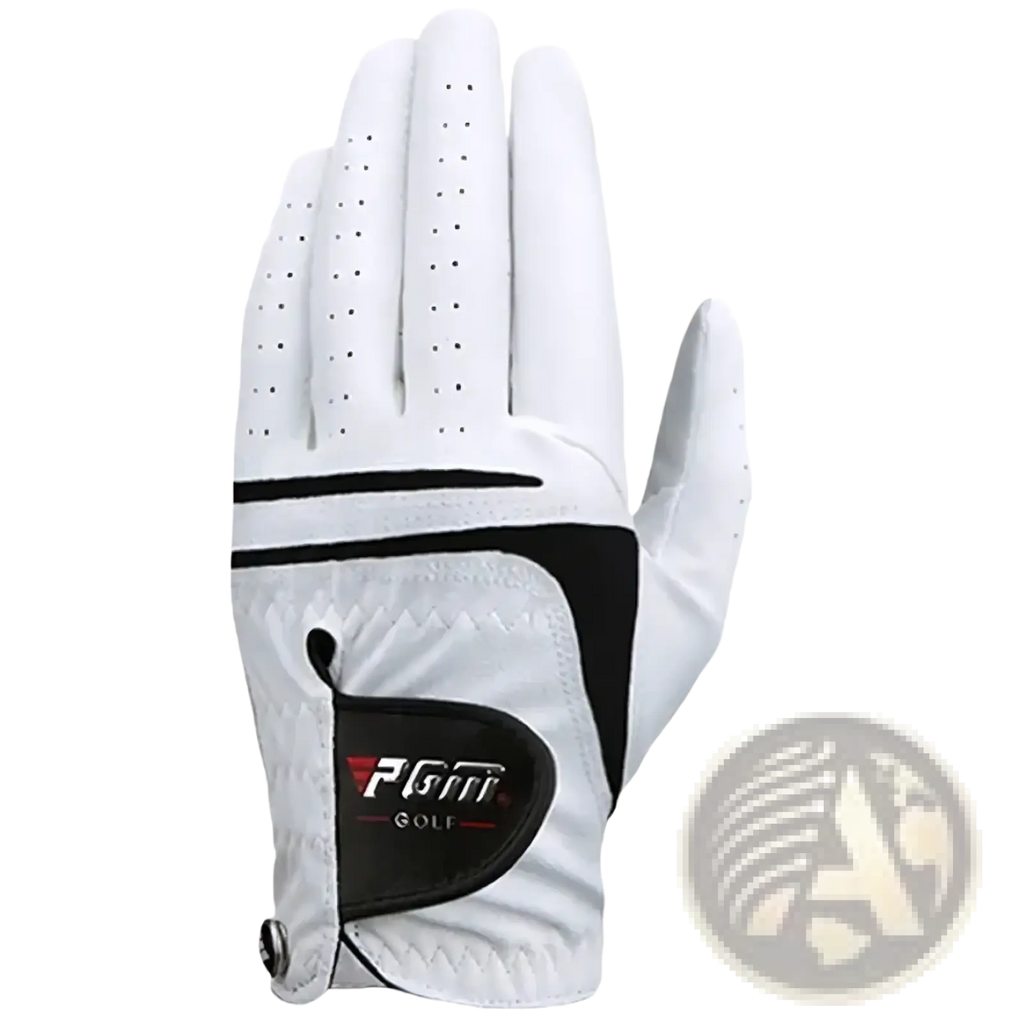 Men genuine leather breathable golf glove in white with black accents showing perforated fingers on the back side