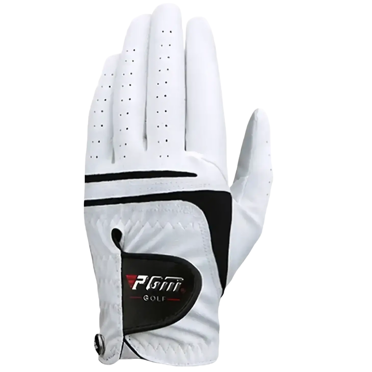 Men genuine leather breathable golf glove in white and black with perforated fingers and branded wrist patch back side view