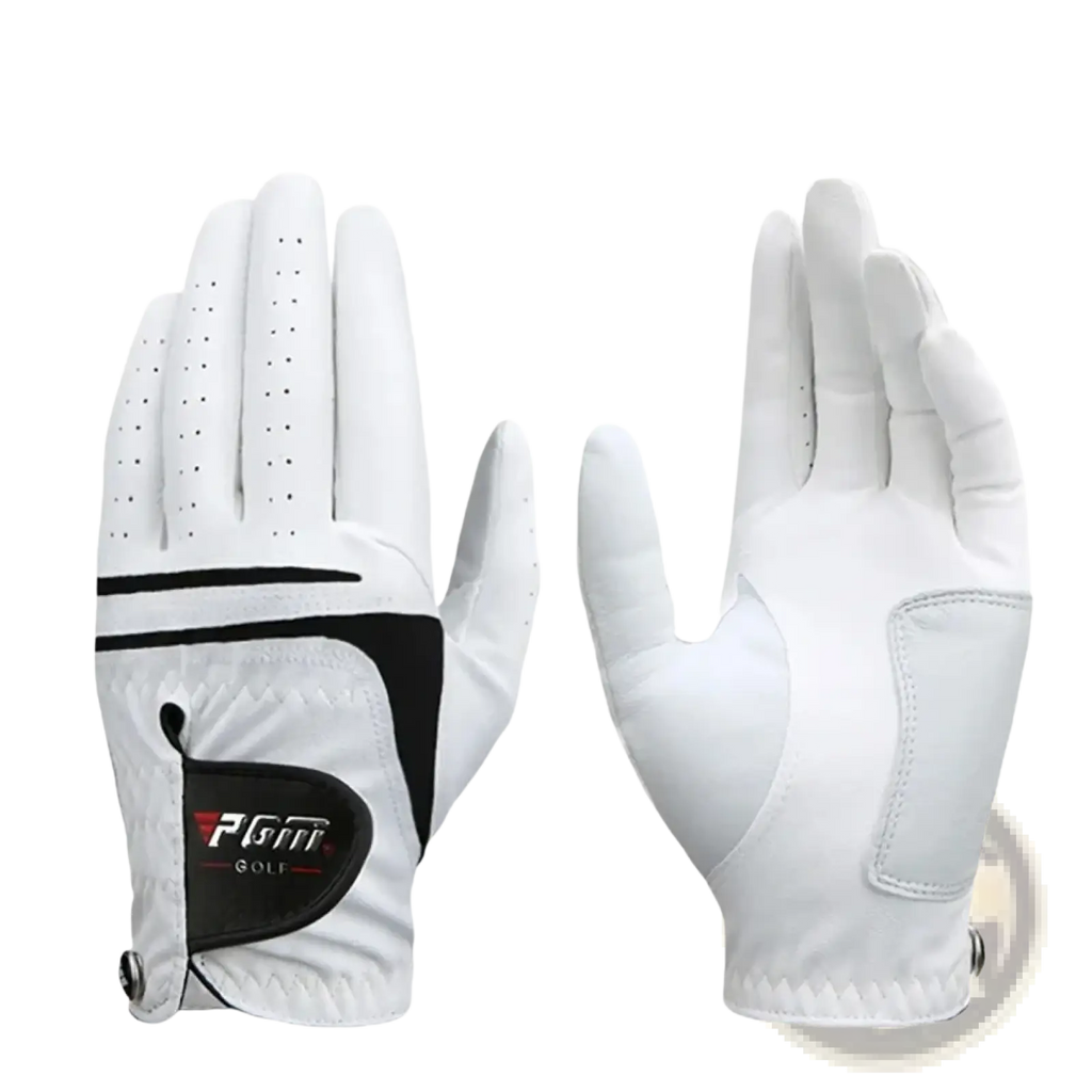 Men genuine leather breathable golf glove in white with black accents and perforated fingers shown from the back side