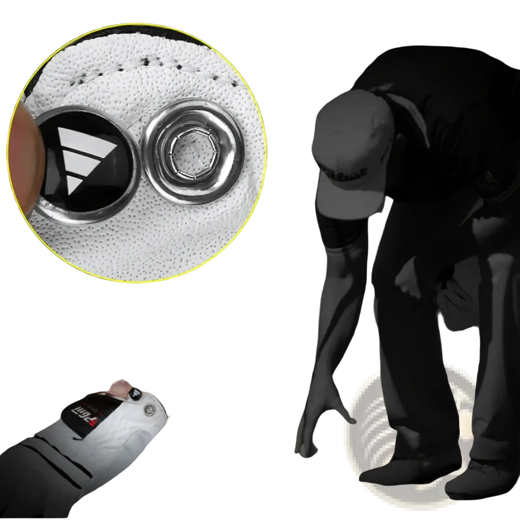 Men genuine leather breathable white golf glove with black logo and silver metallic button fastener on the back side