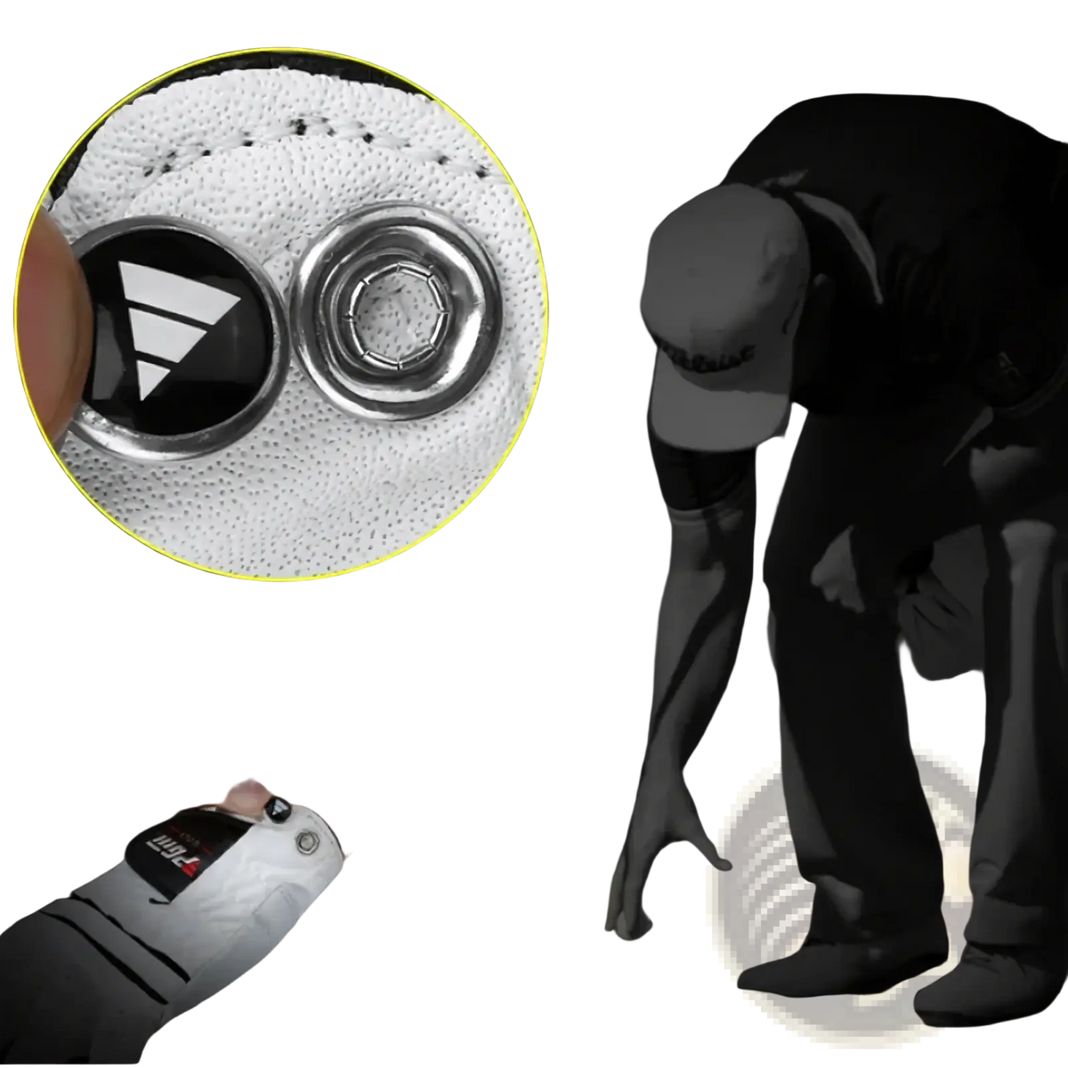 Men genuine leather breathable white golf glove with black logo and silver metallic button fastener on the back side