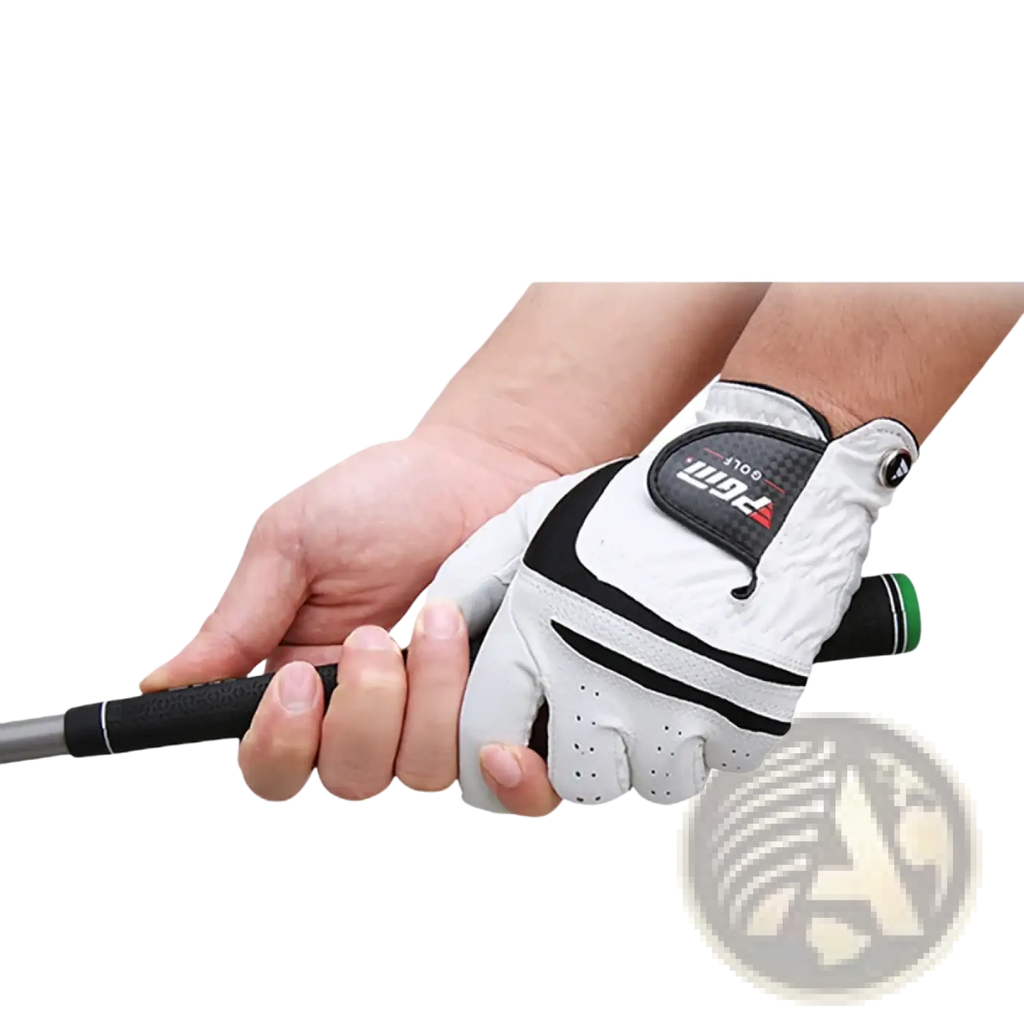 Men genuine leather breathable golf glove in white and black with perforated palm and velcro strap closure