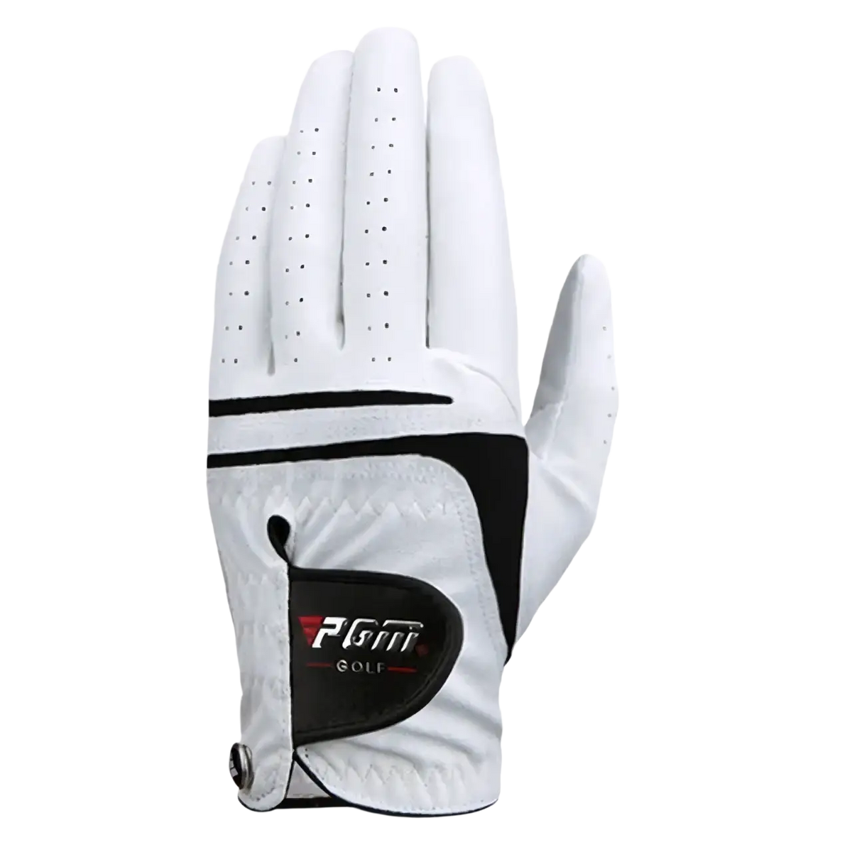 Men genuine leather golf glove in white and black with perforated fingers for breathability shown from the back side