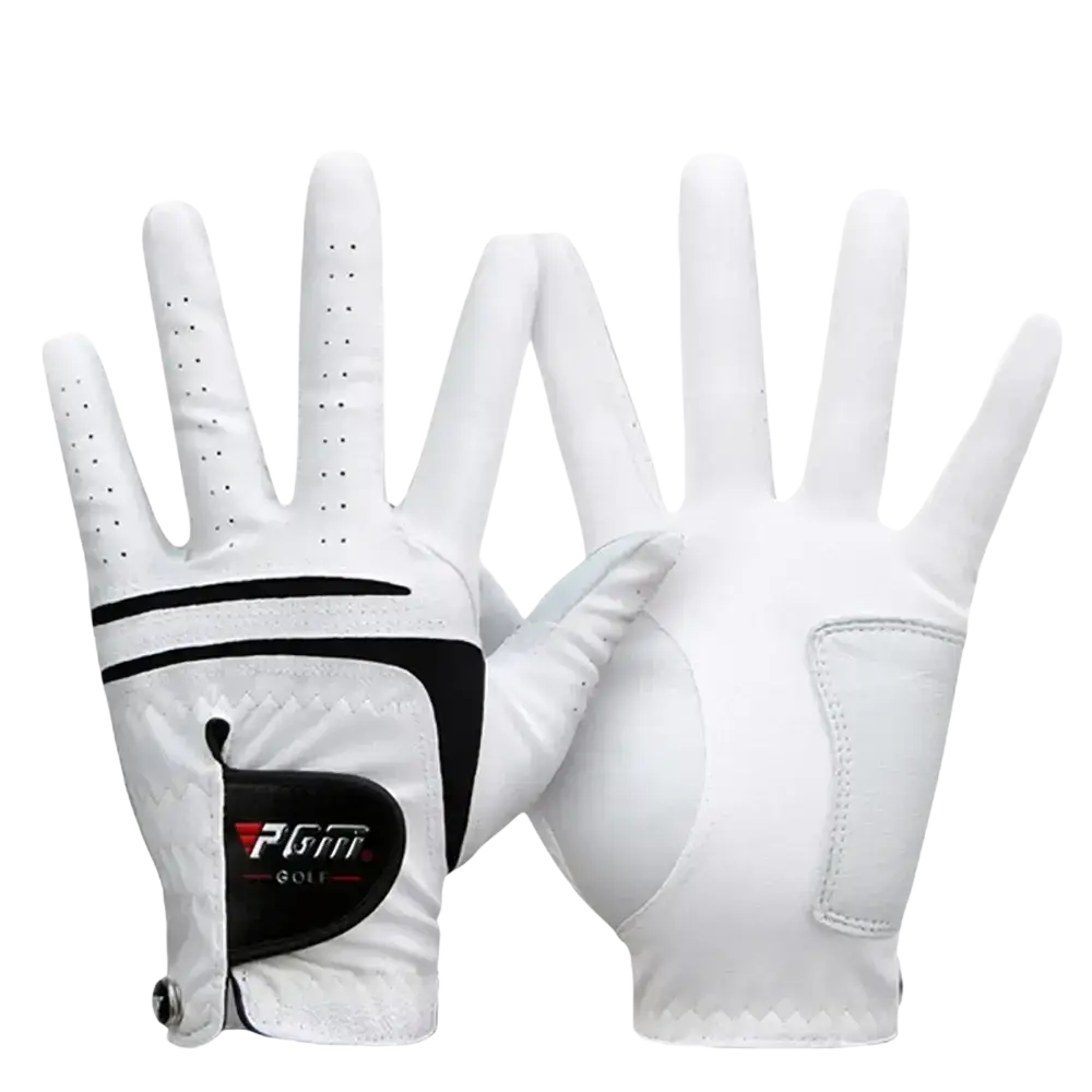 Men genuine leather breathable golf glove in white with black accents and perforated fingers showing the back side
