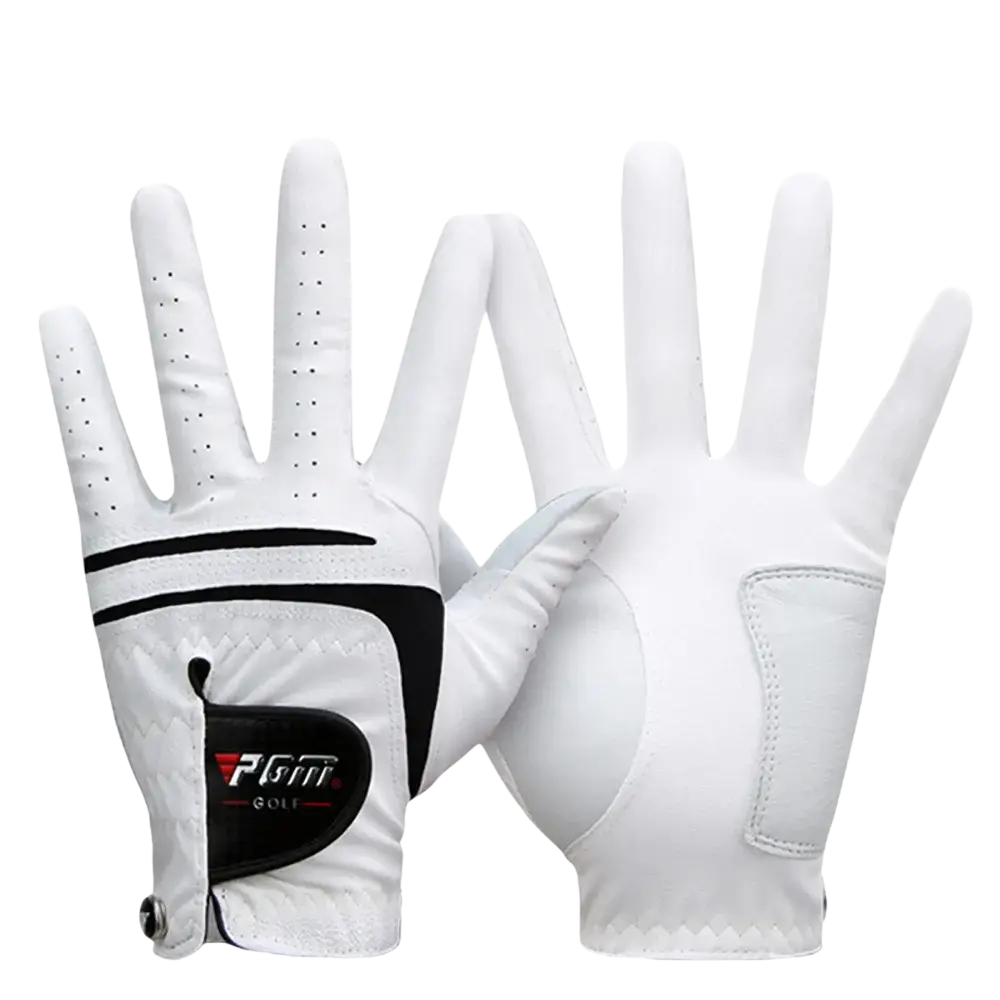 White pgm men genuine leather breathable golf glove showing back side with black accents and perforated fingers