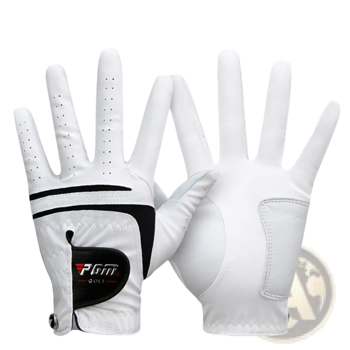 White pgm men genuine leather breathable golf glove showing back side with black accents and perforated fingers