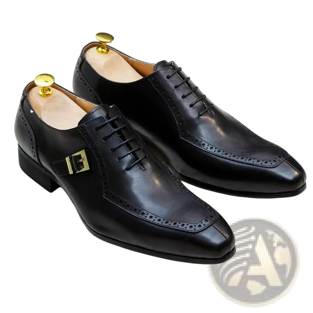 Men genuine leather brogue oxford dress shoes in black with gold-tone buckle and detailed brogue pattern