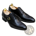 Men genuine leather brogue oxford dress shoes in black with gold-tone buckle and detailed brogue pattern