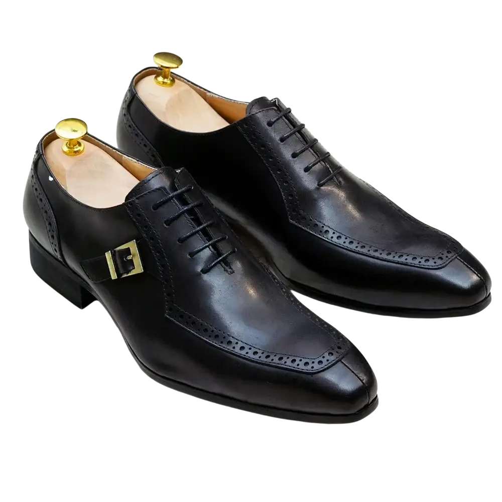 Men genuine leather brogue oxford dress shoes in black with gold-tone buckle and detailed brogue pattern
