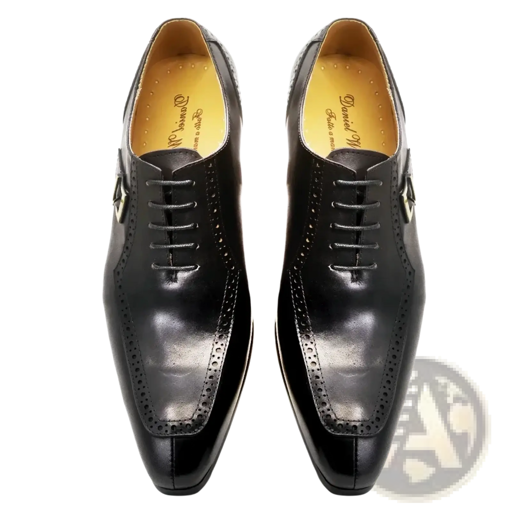 Men genuine leather brogue oxford dress shoes in black with silver-toned buckle accents and detailed craftsmanship