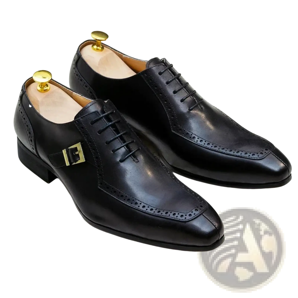Men genuine leather brogue oxford dress shoes in black with gold-tone buckle and detailed brogue accents