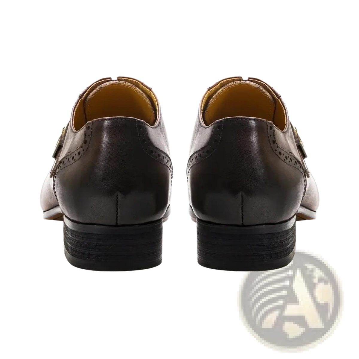 Black leather monk strap brogue oxford dress shoes with polished finish and subtle brogue detailing on heel counter