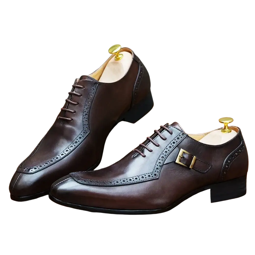 Men genuine leather brogue oxford dress shoes in brown with brogue detailing and a gold toned side buckle