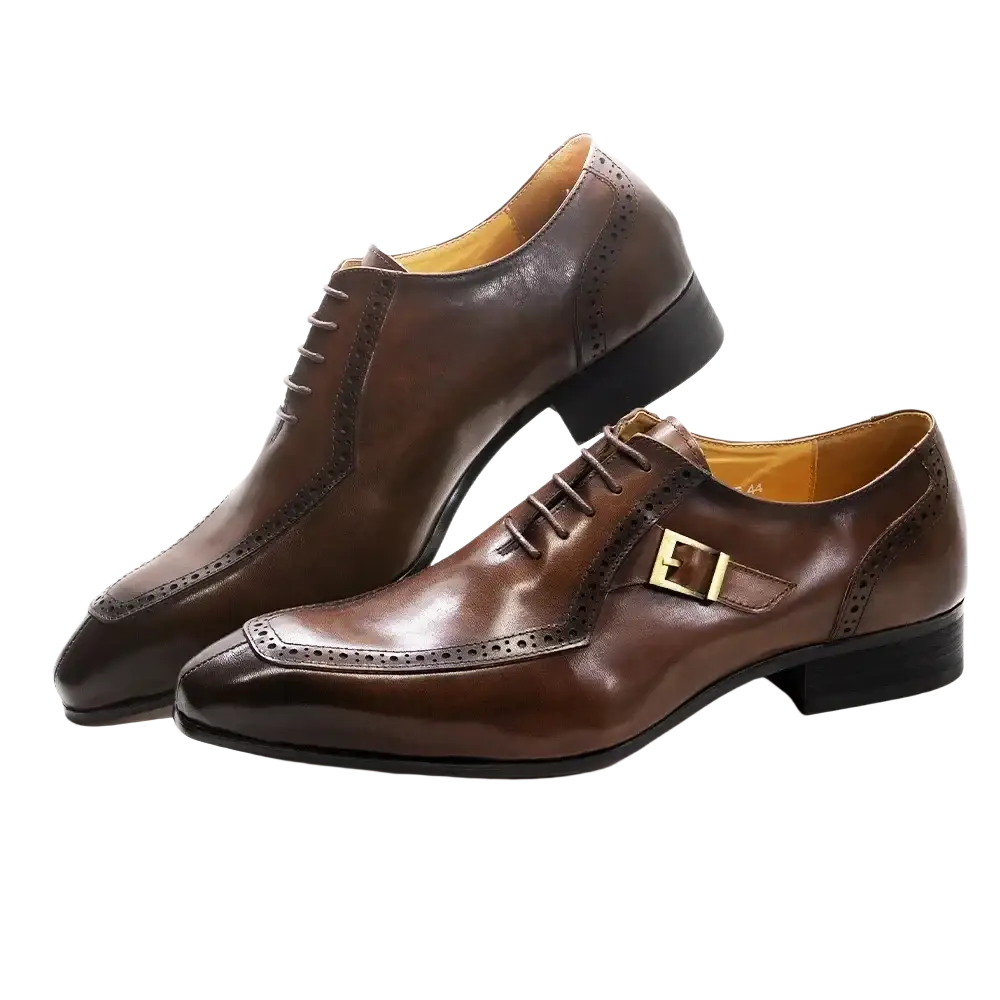 Men genuine leather brogue oxford dress shoes in brown with polished finish and gold-toned buckle detail
