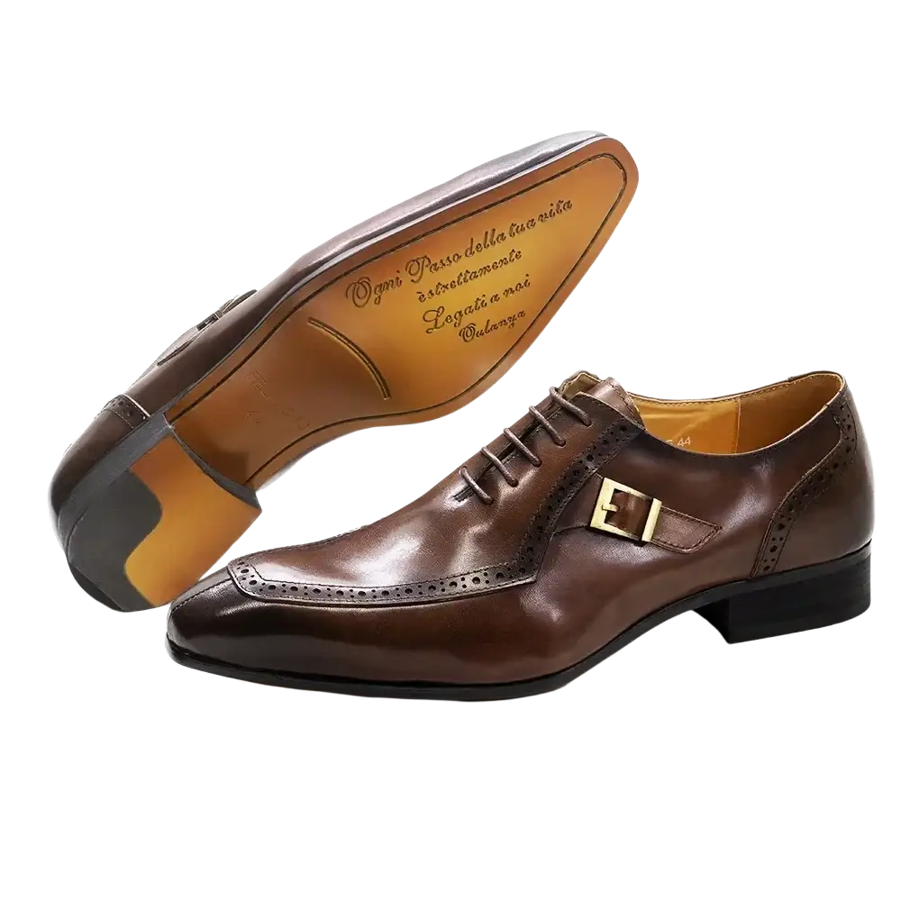 Men genuine leather brogue oxford dress shoe in brown with gold-toned buckle and classic brogue detailing