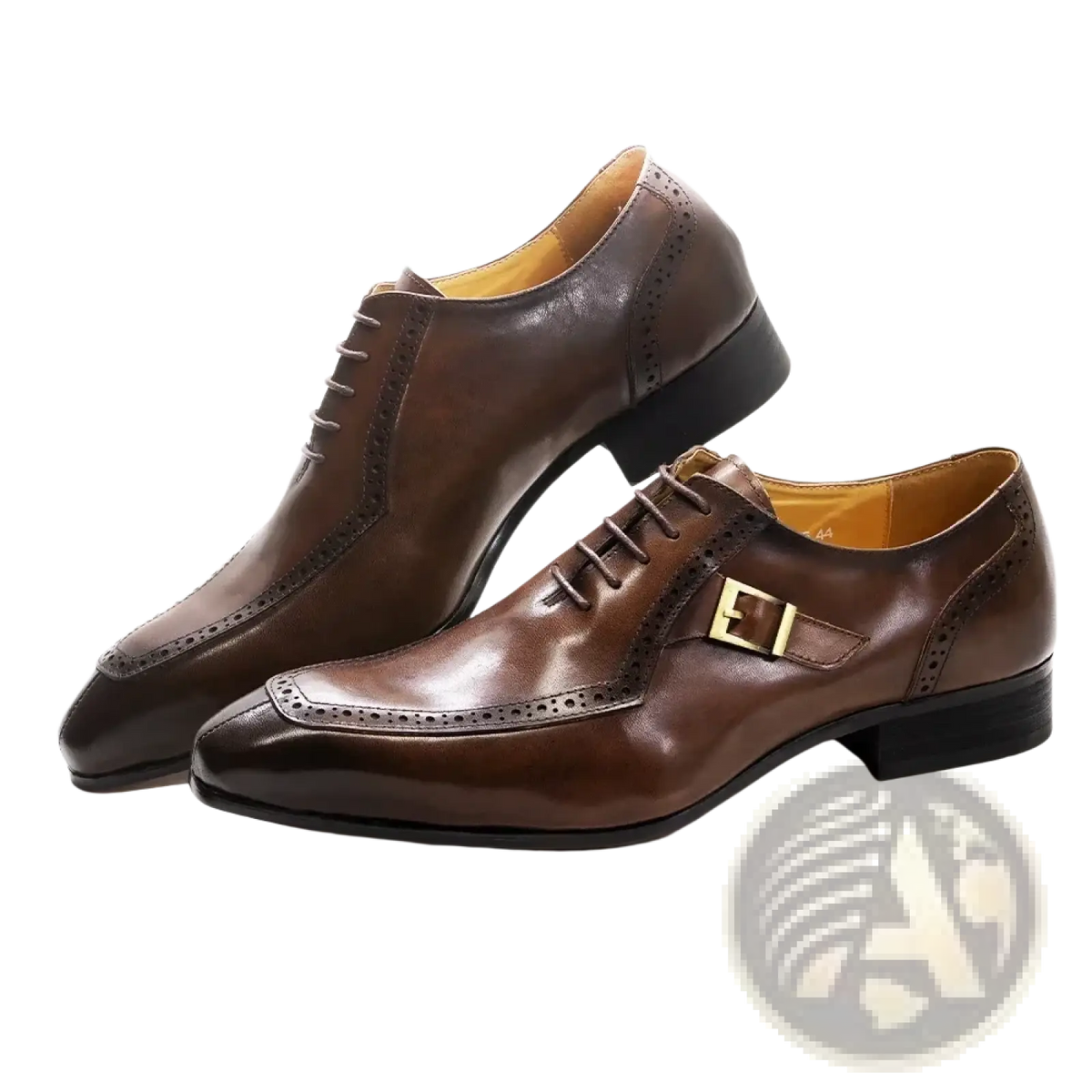Men genuine leather brogue oxford dress shoes in brown with polished finish and gold-toned buckle detail