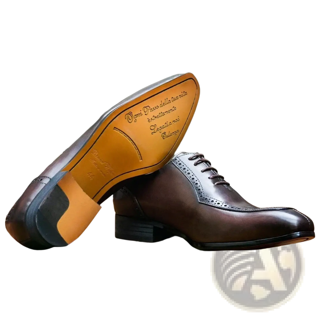 Men genuine leather brogue oxford dress shoe in brown with brogue detailing and black laces for formal wear