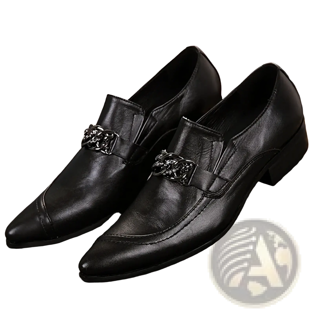 Men genuine leather pointed toe dress shoes in black with slip-on design and decorative metal chain buckle
